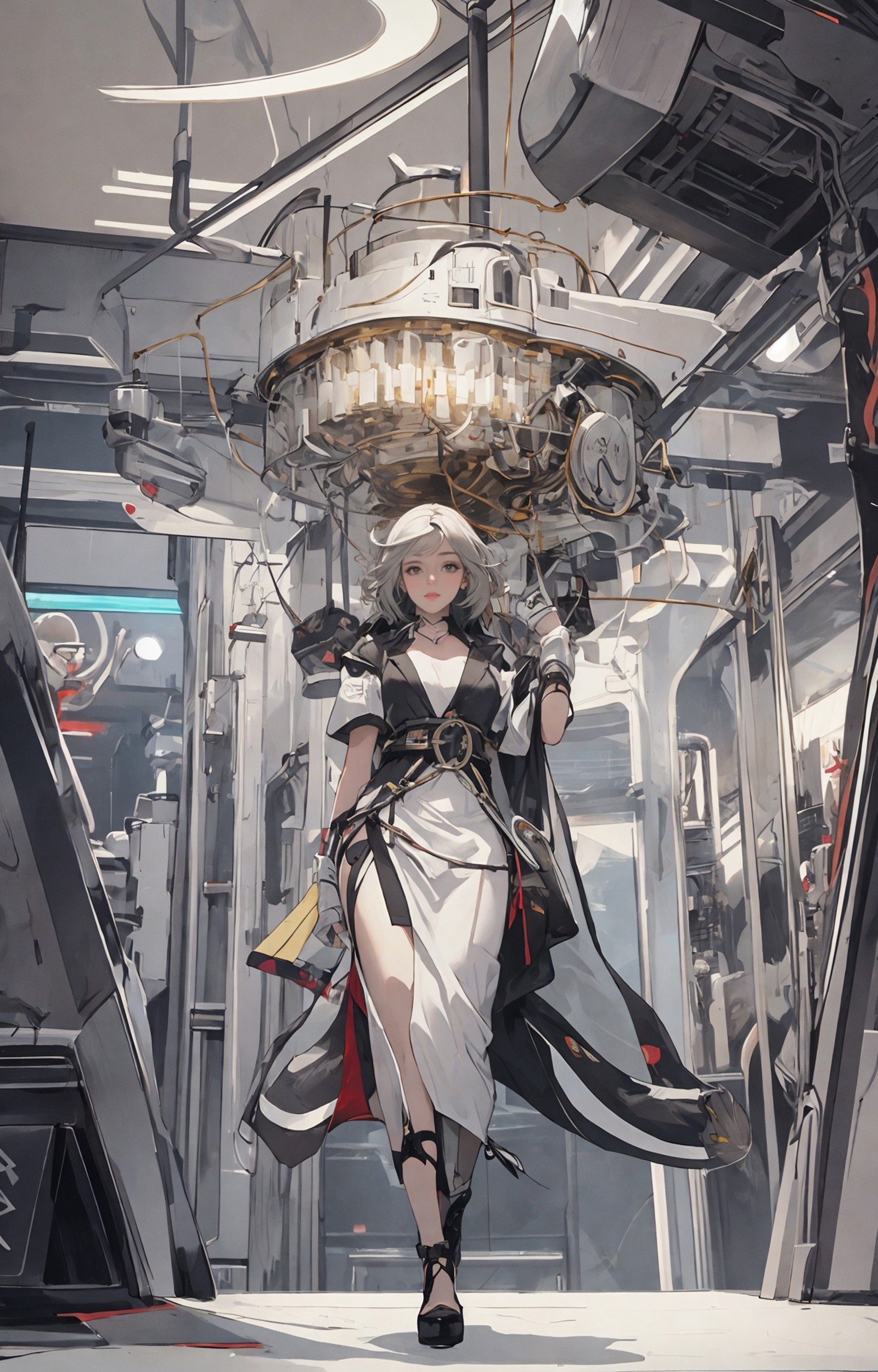 a woman in a white dress with gold accents and a futuristic background with lights and mirrors on the ceiling,cyberpunk ar...